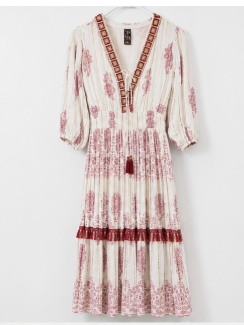 Mac & Moon Women's Medium Boho Peasant Midi Dress Ivory Burgundy Tassel M